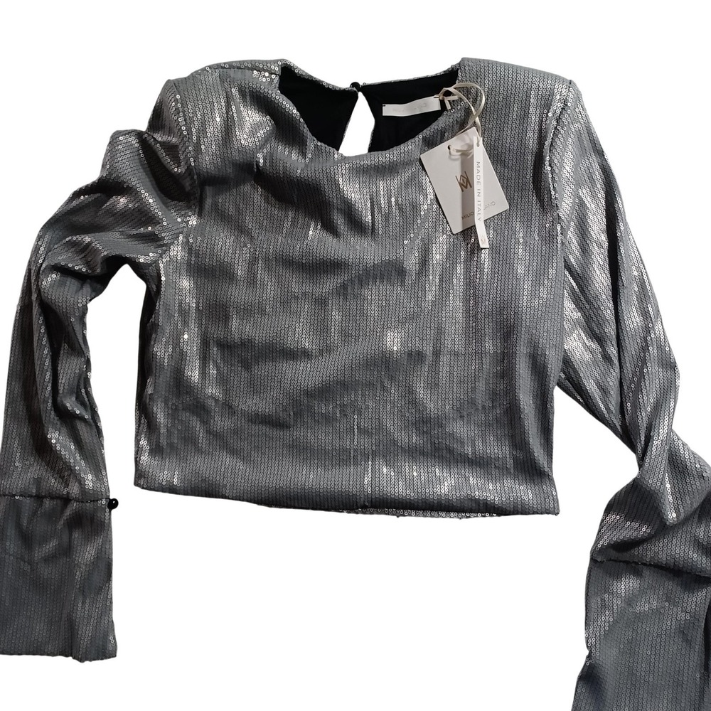 Milio Milano Blouse Womens Large Silver Sequin Long Sleeve Party Top Italy 12751